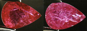 Bên trái là viên ruby chứa thủy tinh chì lấp đầy. Bên phải, sau khi ngâm viên ruby này trong dung dịch xút 1 giờ, thủy tinh chì bị hòa tan làm lộ ra các khe nứt mà trước đó không thể thấy được ở chính viên đá ấy. Hình của C.P. Smith.