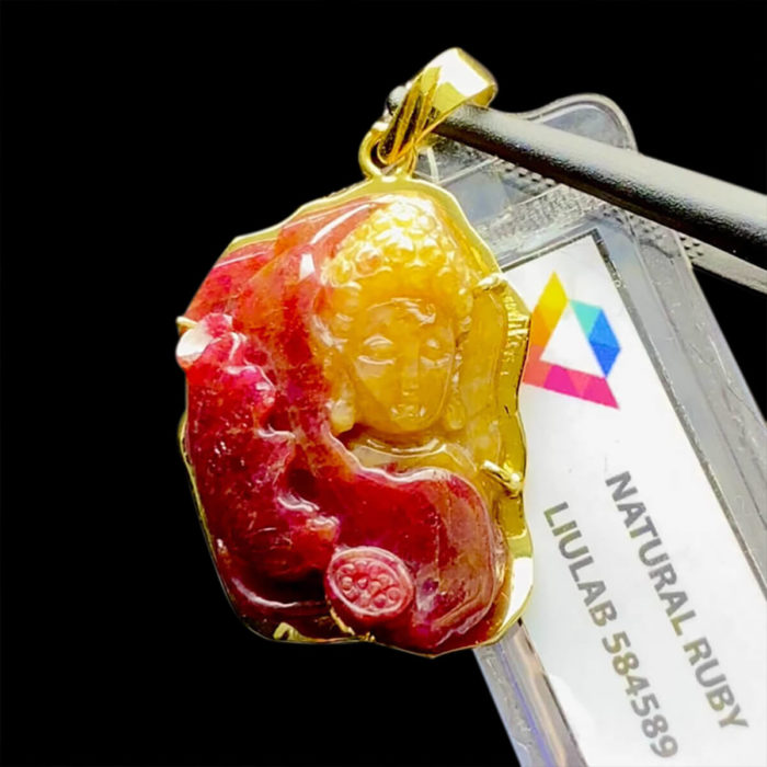 Mặt Phật A Di Đà Ruby Cộng Sinh Sapphire  - Móc Vàng #MRB-0825-02
